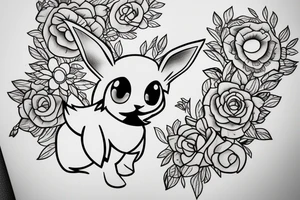 Eevee with flowers around. Old Picture frame. Dots and lines tattoo idea