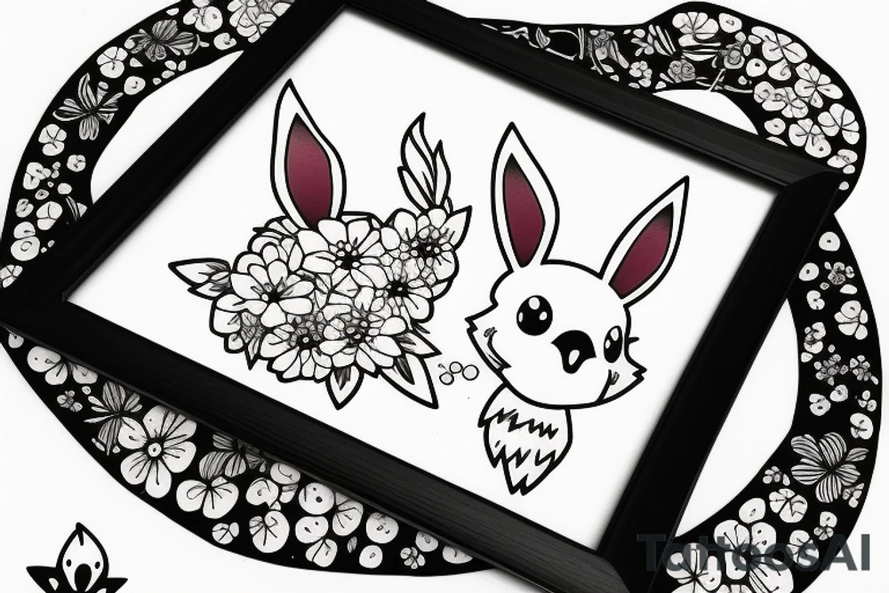 Eevee with flowers around. Old Picture frame. Dots and lines tattoo idea