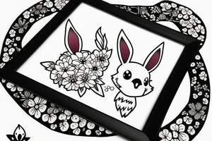 Eevee with flowers around. Old Picture frame. Dots and lines tattoo idea