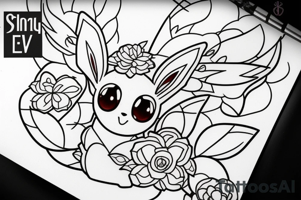 Eevee with flowers around. Old Picture frame. Dots and lines tattoo idea