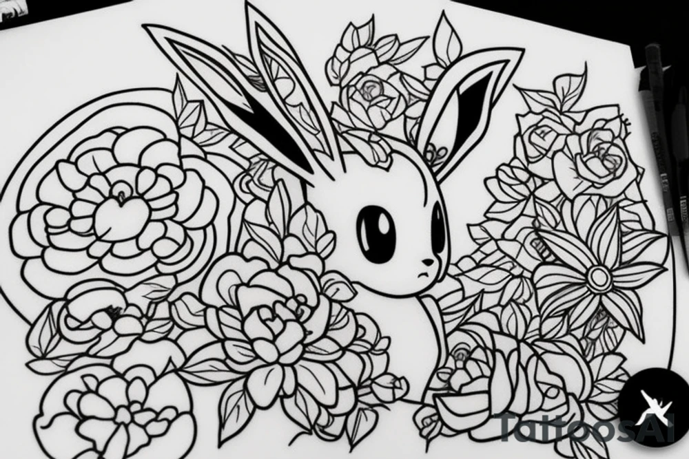 Eevee with flowers around. Old Picture frame. Dots and lines tattoo idea