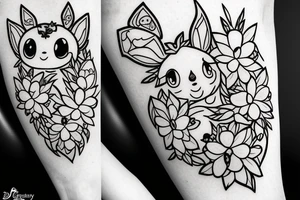 Eevee with flowers around. Old Picture frame. Dots and lines tattoo idea