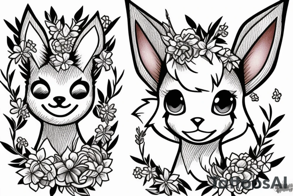 Eevee with flowers around. Old Picture frame. Dots and lines. Arm piece tattoo idea