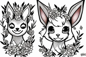 Eevee with flowers around. Old Picture frame. Dots and lines. Arm piece tattoo idea