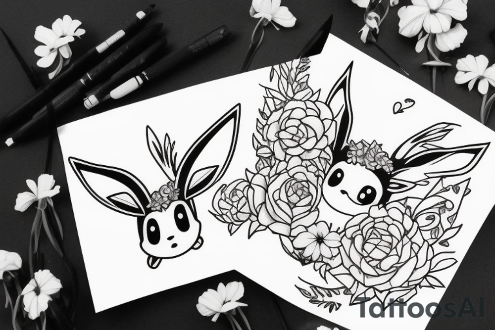 Eevee with flowers around. Old Picture frame. Dots and lines. Arm piece tattoo idea