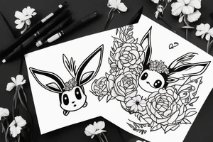 Eevee with flowers around. Old Picture frame. Dots and lines. Arm piece tattoo idea