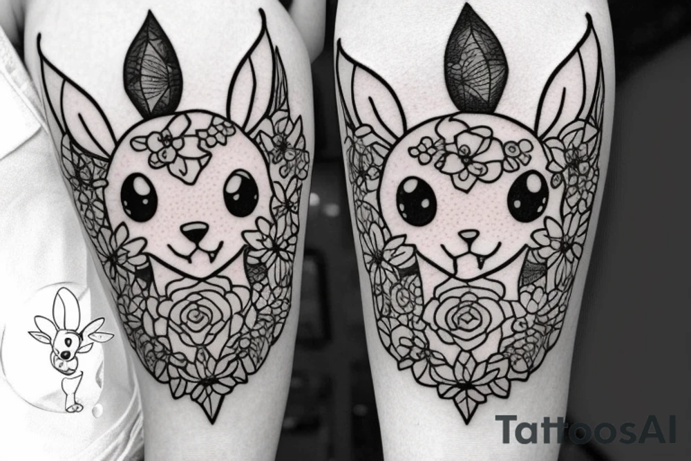 Eevee with flowers around. Old Picture frame. Dots and lines. Arm piece tattoo idea