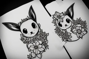 Eevee with flowers around. Old Picture frame. Dots and lines. Arm piece tattoo idea