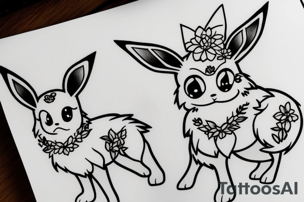 Eevee with flowers around. Old Picture frame. Dots and lines. Arm piece tattoo idea