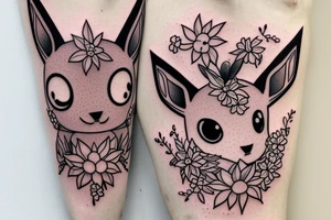 Eevee with flowers around. Old Picture frame. Dots and lines. Arm piece tattoo idea