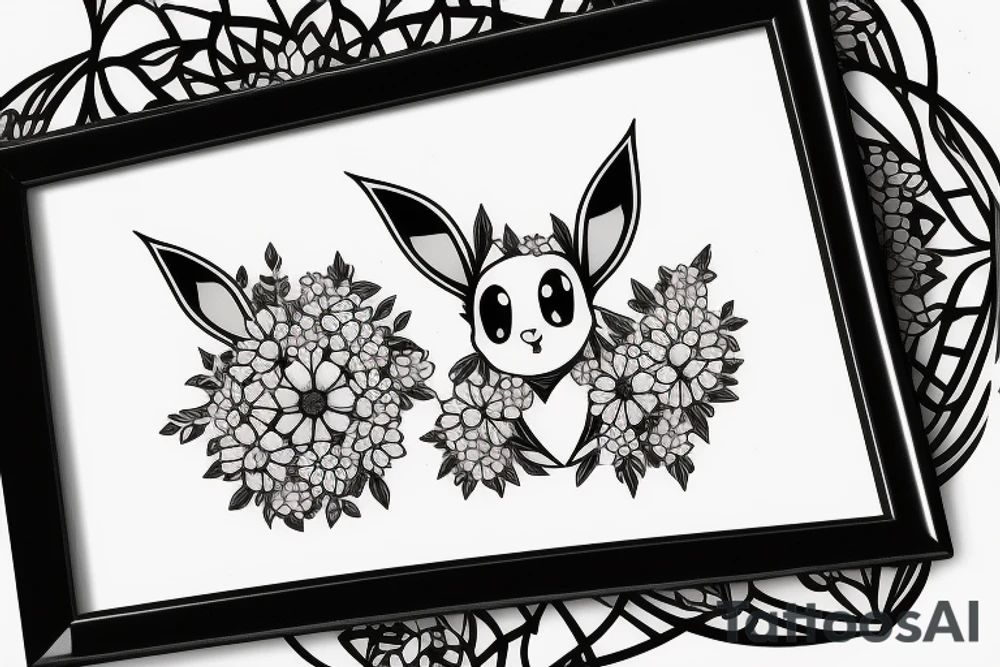 Eevee with flowers around. Old Picture frame. Dots and lines. Arm piece tattoo idea