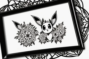 Eevee with flowers around. Old Picture frame. Dots and lines. Arm piece tattoo idea