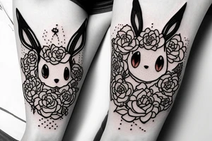 Eevee with flowers around. Old Picture frame. Dots and lines. Arm piece tattoo idea