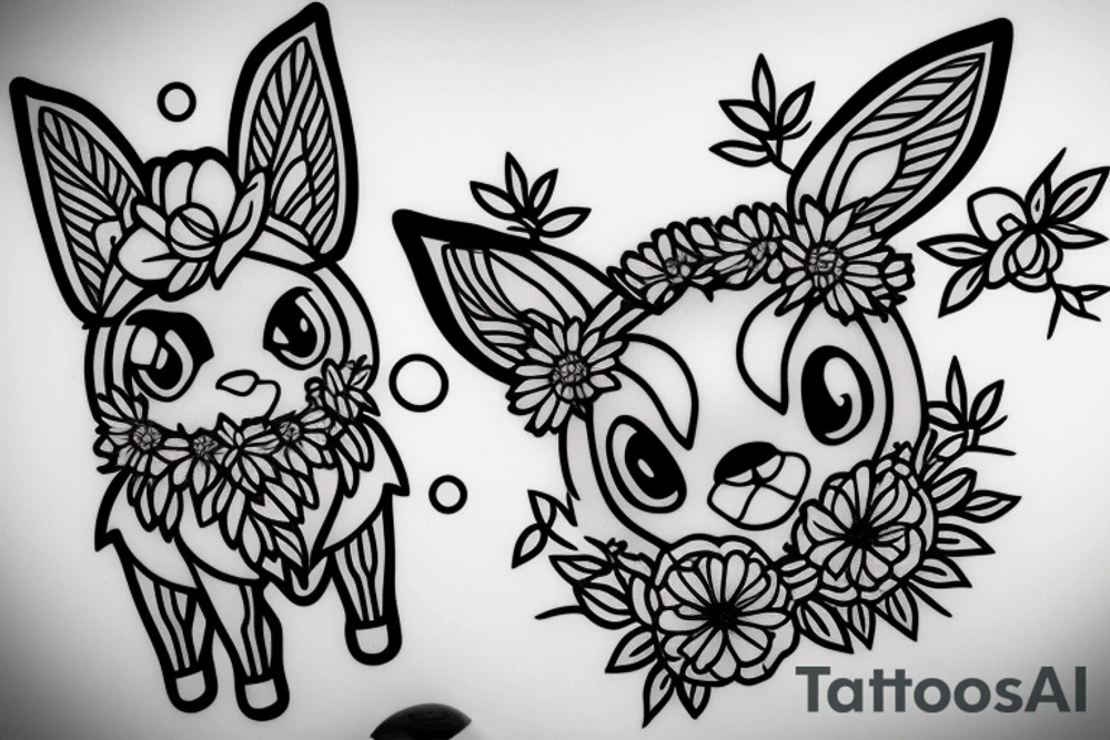 Eevee with flowers around. Old Picture frame. Dots and lines. Arm piece tattoo idea