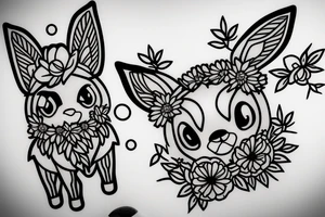 Eevee with flowers around. Old Picture frame. Dots and lines. Arm piece tattoo idea