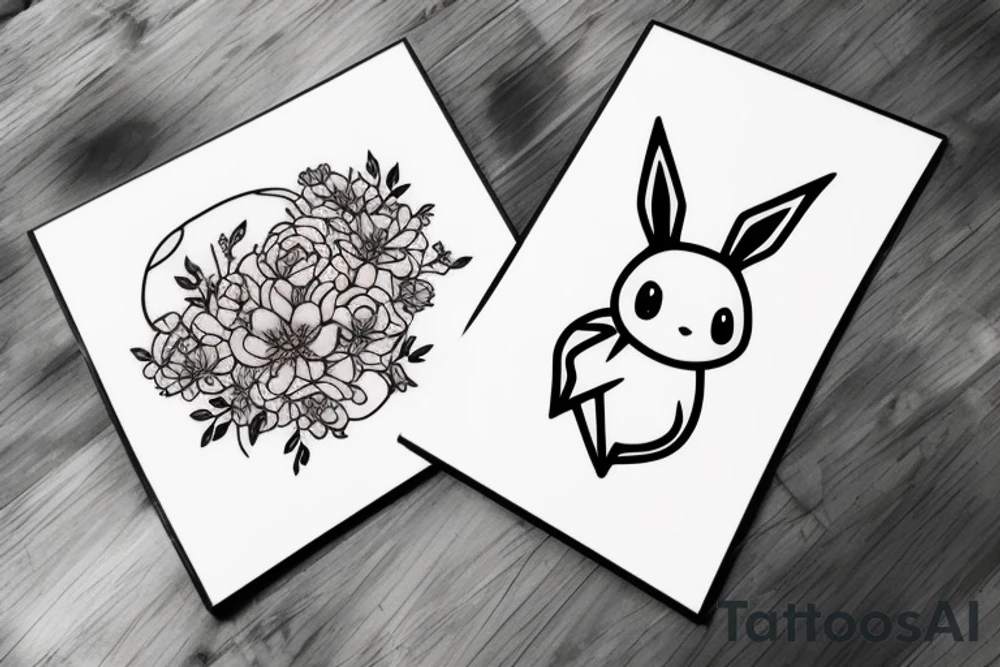 Eevee with flowers around. Old Picture frame. Dots and lines. Arm piece. Neo traditional tattoo idea