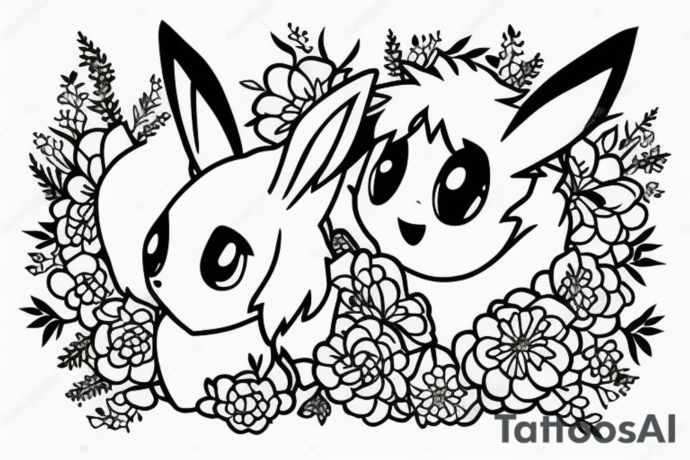 Eevee with flowers around. Old Picture frame. Dots and lines. Arm piece. Neo traditional tattoo idea