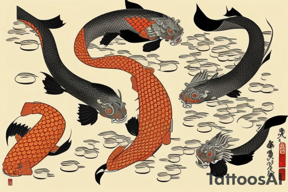 A warrior near koi fish and writing tattoo idea