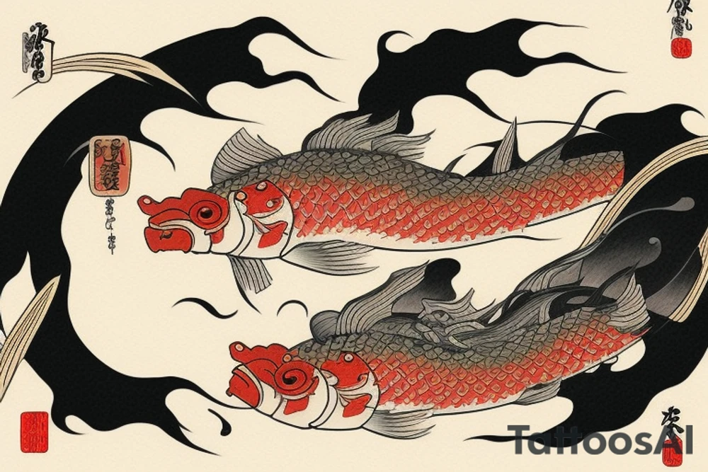 A warrior near koi fish and writing tattoo idea