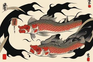 A warrior near koi fish and writing tattoo idea