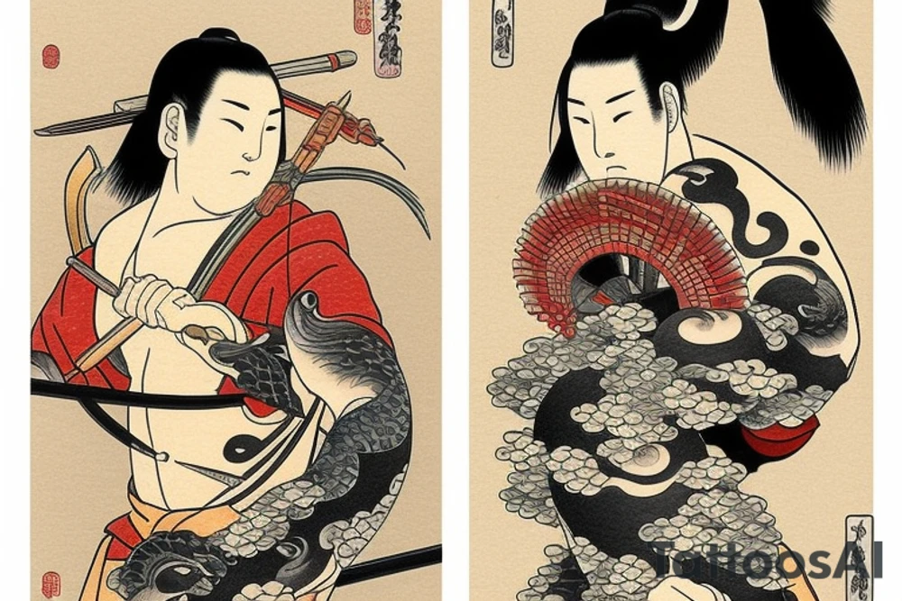 A warrior near koi fish and writing tattoo idea