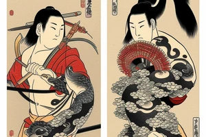 A warrior near koi fish and writing tattoo idea