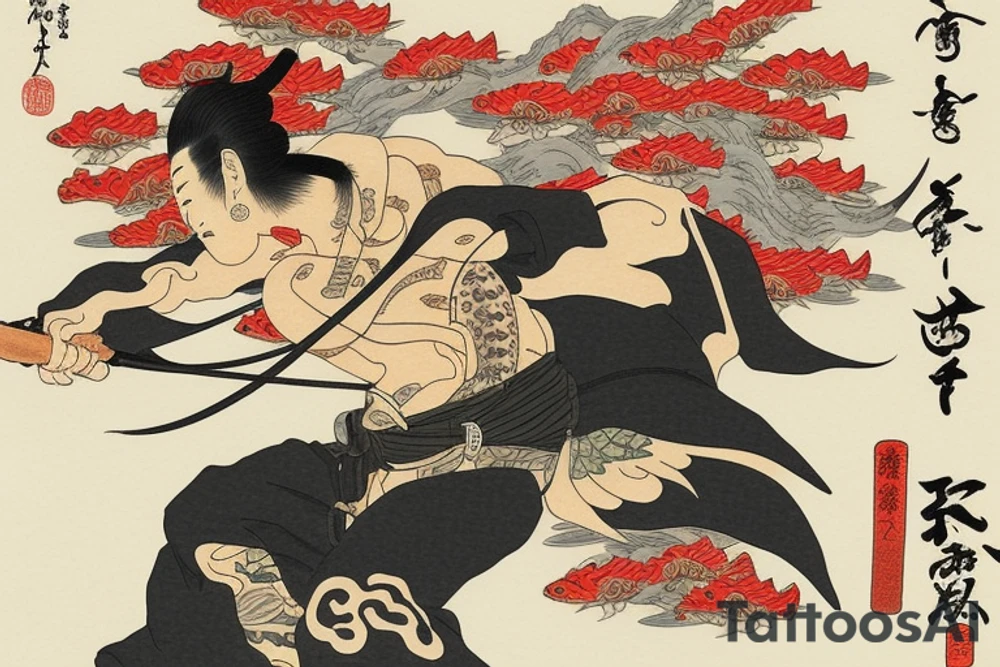 A warrior near koi fish and writing tattoo idea