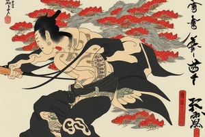 A warrior near koi fish and writing tattoo idea