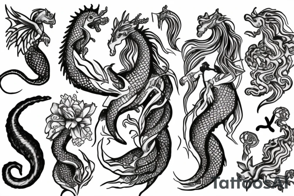 Saint Olga, dragon, peonie, seahorse, mermaid, phenix tattoo idea