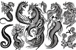 Saint Olga, dragon, peonie, seahorse, mermaid, phenix tattoo idea
