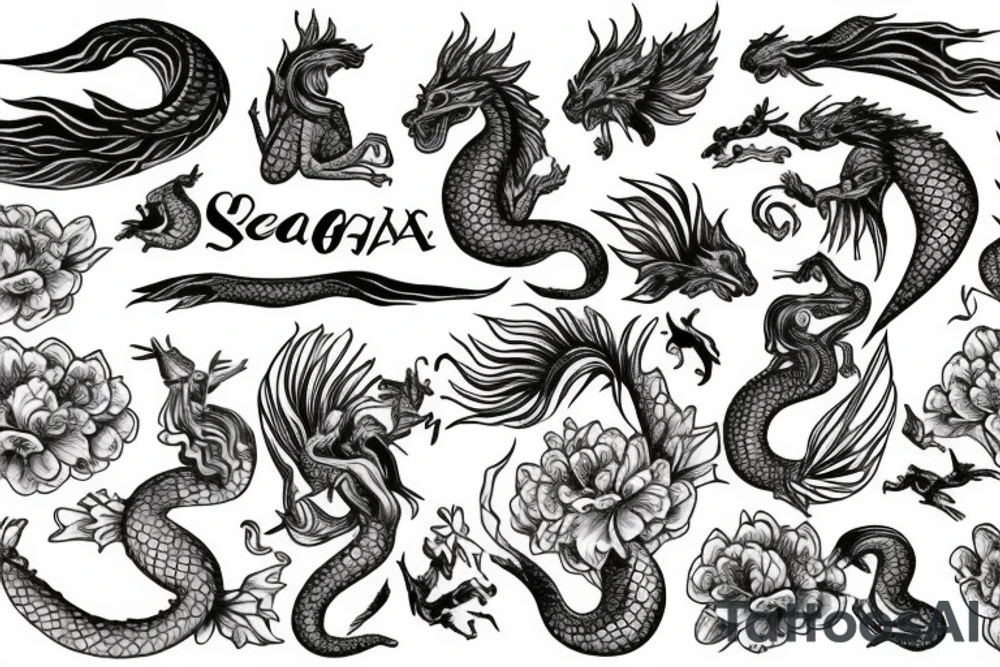 Saint Olga, dragon, peonie, seahorse, mermaid, phenix tattoo idea