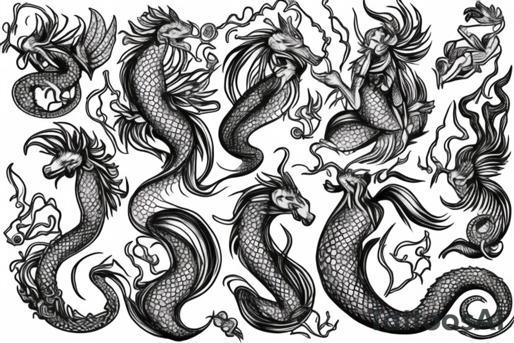 Saint Olga, dragon, peonie, seahorse, mermaid, phenix tattoo idea