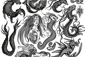 Saint Olga, dragon, peonie, seahorse, mermaid, phenix tattoo idea