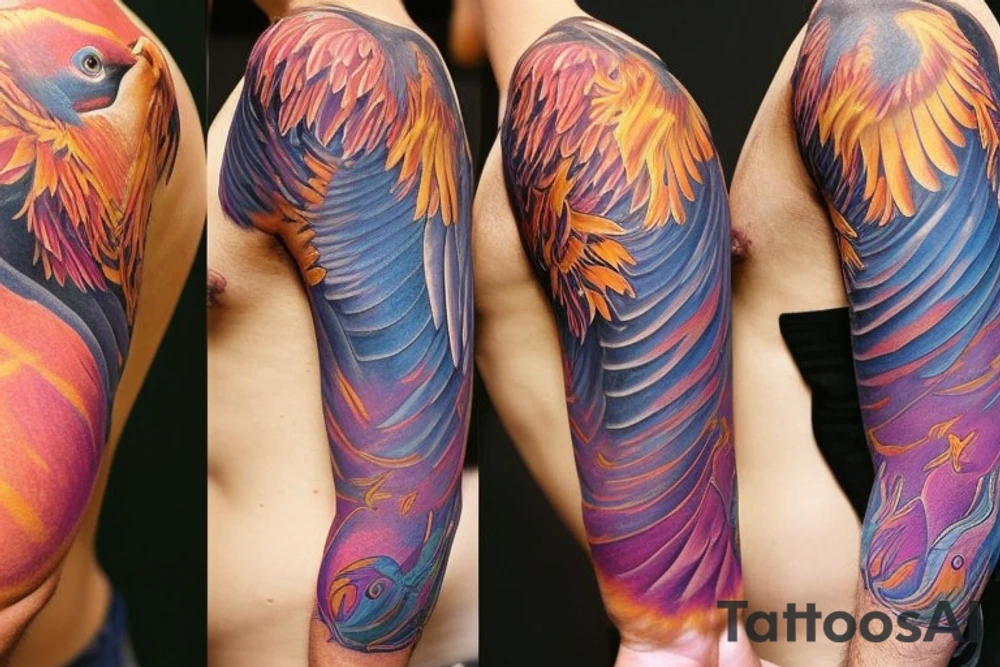 a sleeve, starting with a phoenix in flames, above which there are two Laysan Albertross with their beaks crossed, then at the top there is a lilac breasted roller in flight. The tattoo colouring should be a gradient, dark at the bottom with bright reds and oranges for the phoenix, then an autumnal feeling for the albatross, finishing at the top with bright skies and vivid colours for the lilac breasted roller tattoo idea