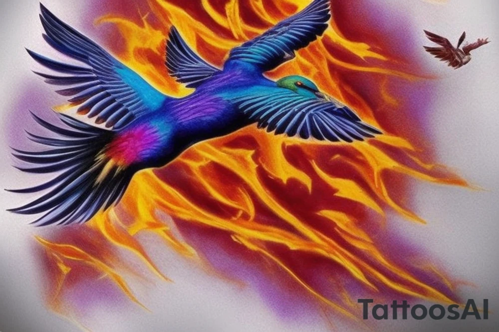 a sleeve, starting with a phoenix in flames, above which there are two Laysan Albertross with their beaks crossed, then at the top there is a lilac breasted roller in flight. The tattoo colouring should be a gradient, dark at the bottom with bright reds and oranges for the phoenix, then an autumnal feeling for the albatross, finishing at the top with bright skies and vivid colours for the lilac breasted roller tattoo idea