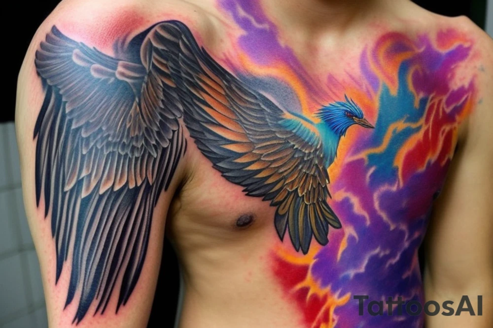 a sleeve, starting with a phoenix in flames, above which there are two Laysan Albertross with their beaks crossed, then at the top there is a lilac breasted roller in flight. The tattoo colouring should be a gradient, dark at the bottom with bright reds and oranges for the phoenix, then an autumnal feeling for the albatross, finishing at the top with bright skies and vivid colours for the lilac breasted roller tattoo idea