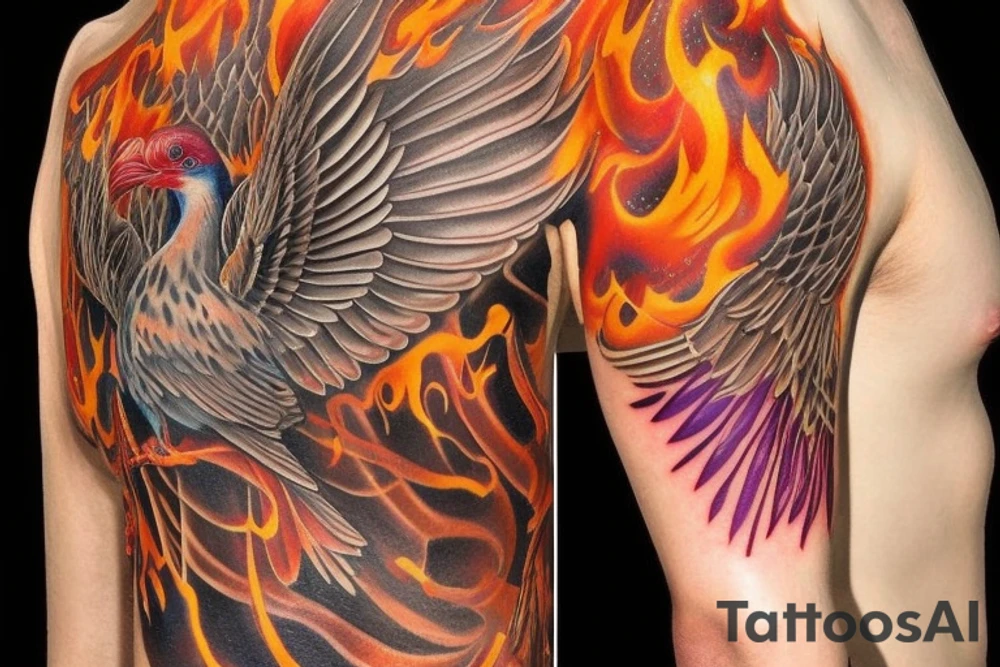 a sleeve, starting with a phoenix in flames, above which there are two Laysan Albertross with their beaks crossed, then at the top there is a lilac breasted roller in flight. The tattoo colouring should be a gradient, dark at the bottom with bright reds and oranges for the phoenix, then an autumnal feeling for the albatross, finishing at the top with bright skies and vivid colours for the lilac breasted roller tattoo idea