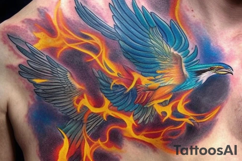 a sleeve, starting with a phoenix in flames, above which there are two Laysan Albertross with their beaks crossed, then at the top there is a lilac breasted roller in flight. The tattoo colouring should be a gradient, dark at the bottom with bright reds and oranges for the phoenix, then an autumnal feeling for the albatross, finishing at the top with bright skies and vivid colours for the lilac breasted roller tattoo idea