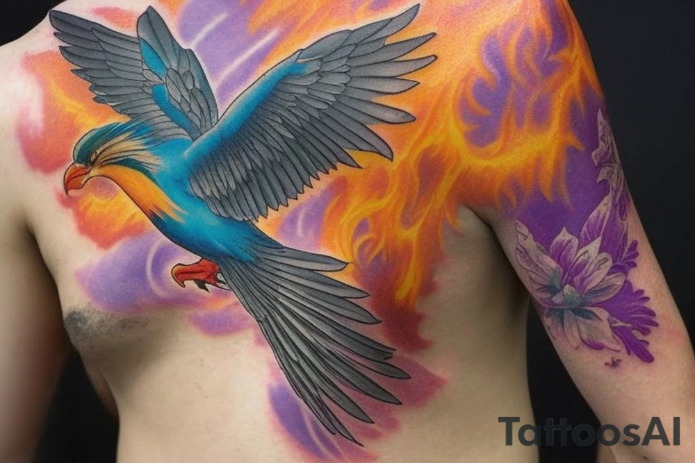 a sleeve, starting with a phoenix in flames, above which there are two Laysan Albertross with their beaks crossed, then at the top there is a lilac breasted roller in flight. The tattoo colouring should be a gradient, dark at the bottom with bright reds and oranges for the phoenix, then an autumnal feeling for the albatross, finishing at the top with bright skies and vivid colours for the lilac breasted roller tattoo idea