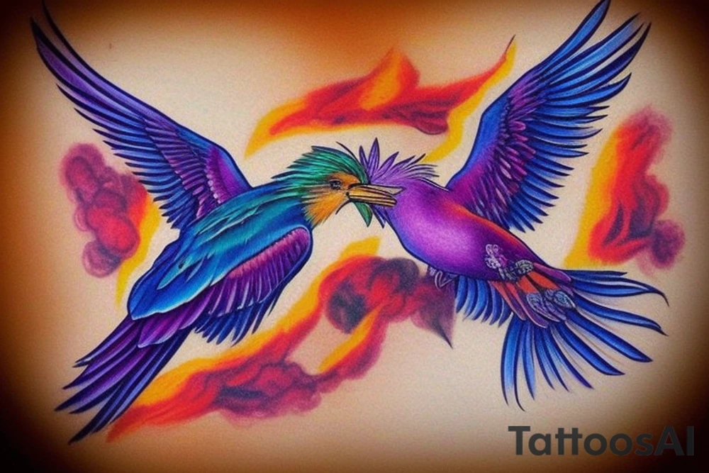 a sleeve, starting with a phoenix in flames, above which there are two Laysan Albertross with their beaks crossed, then at the top there is a lilac breasted roller in flight. The tattoo colouring should be a gradient, dark at the bottom with bright reds and oranges for the phoenix, then an autumnal feeling for the albatross, finishing at the top with bright skies and vivid colours for the lilac breasted roller tattoo idea