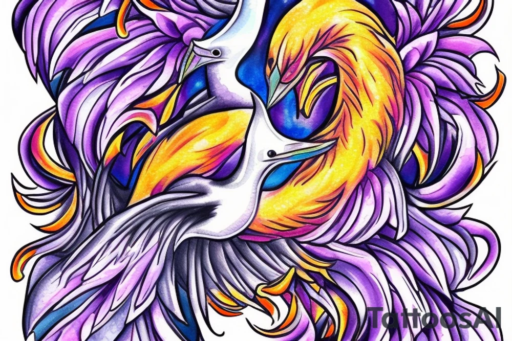 a phoenix bursting through the dark in bright flames, a pair of laysan albatross with their beaks together appearing in love and a lilac chested roller tattoo idea