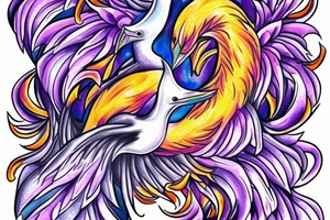 a phoenix bursting through the dark in bright flames, a pair of laysan albatross with their beaks together appearing in love and a lilac chested roller tattoo idea