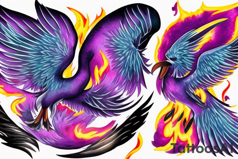 a phoenix bursting through the dark in bright flames, a pair of laysan albatross with their beaks together appearing in love and a lilac chested roller tattoo idea