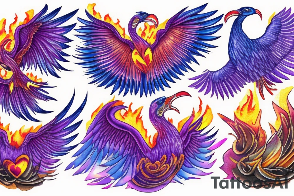 a phoenix bursting through the dark in bright flames, a pair of laysan albatross with their beaks together appearing in love and a lilac chested roller tattoo idea