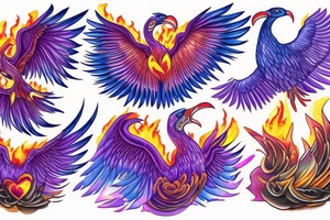 a phoenix bursting through the dark in bright flames, a pair of laysan albatross with their beaks together appearing in love and a lilac chested roller tattoo idea