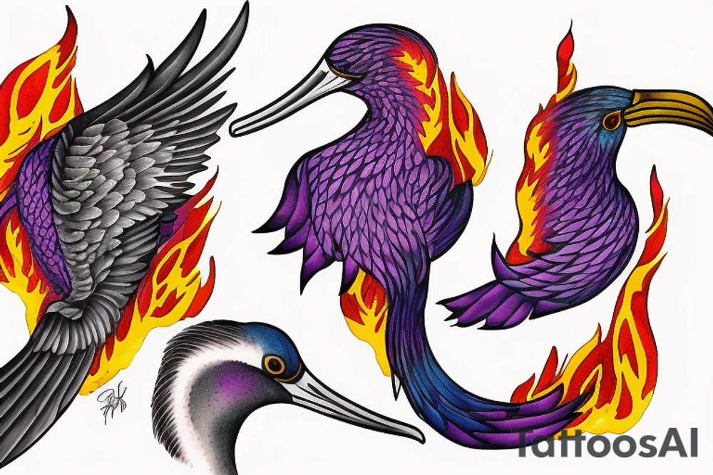 a phoenix bursting through the dark in bright flames, a pair of laysan albatross with their beaks together appearing in love and a lilac chested roller tattoo idea