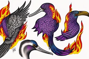 a phoenix bursting through the dark in bright flames, a pair of laysan albatross with their beaks together appearing in love and a lilac chested roller tattoo idea