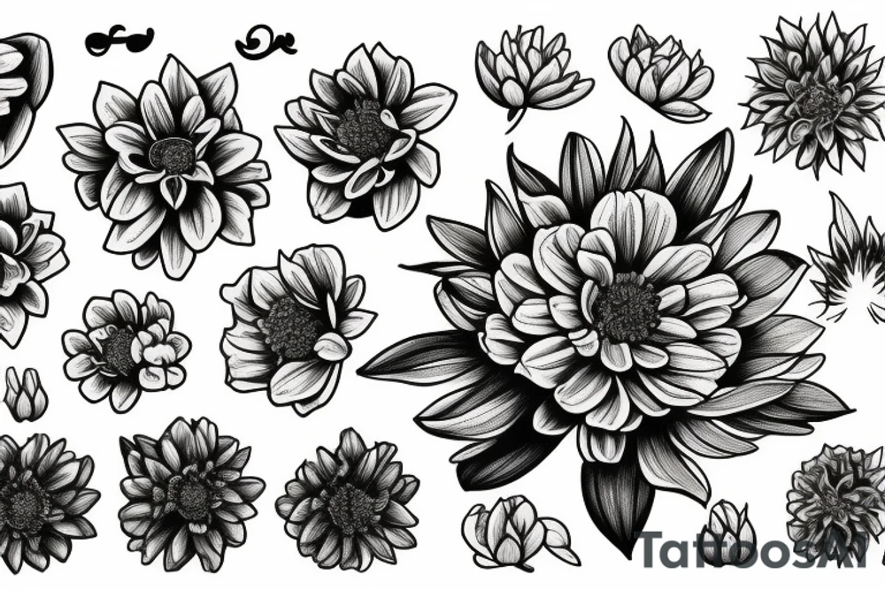 Narcissus and chrysanthemum flower bouquet tattoo idea