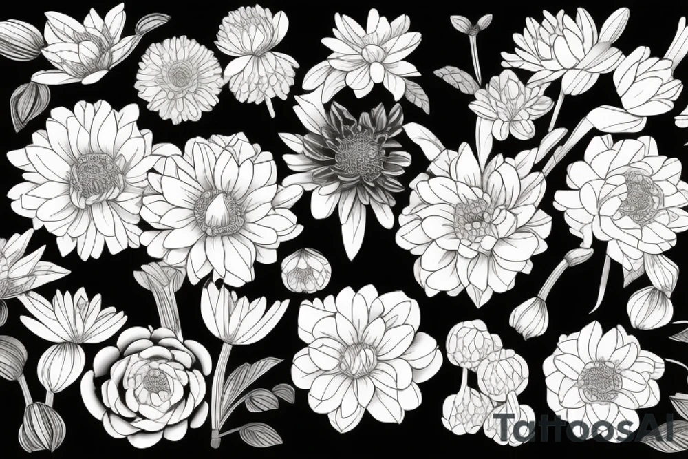 Narcissus and chrysanthemum flower bouquet tattoo idea