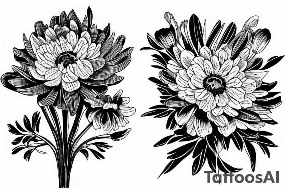 Narcissus and chrysanthemum layered bouquet tattoo idea